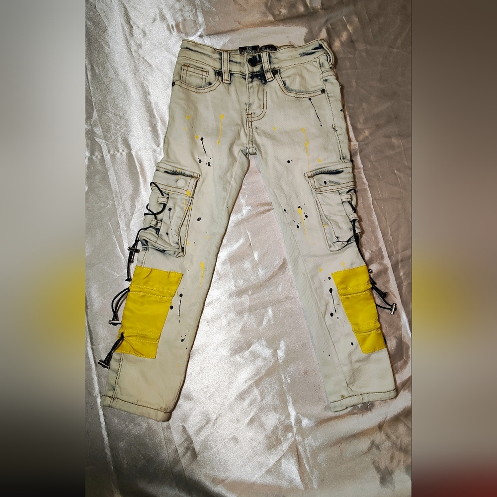 Kids White Cargo Jeans with Yellow Knee Panels